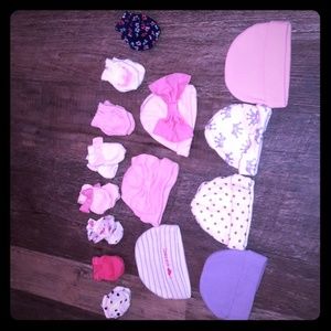 Lot of 0-6 months hats, and scratch mittens